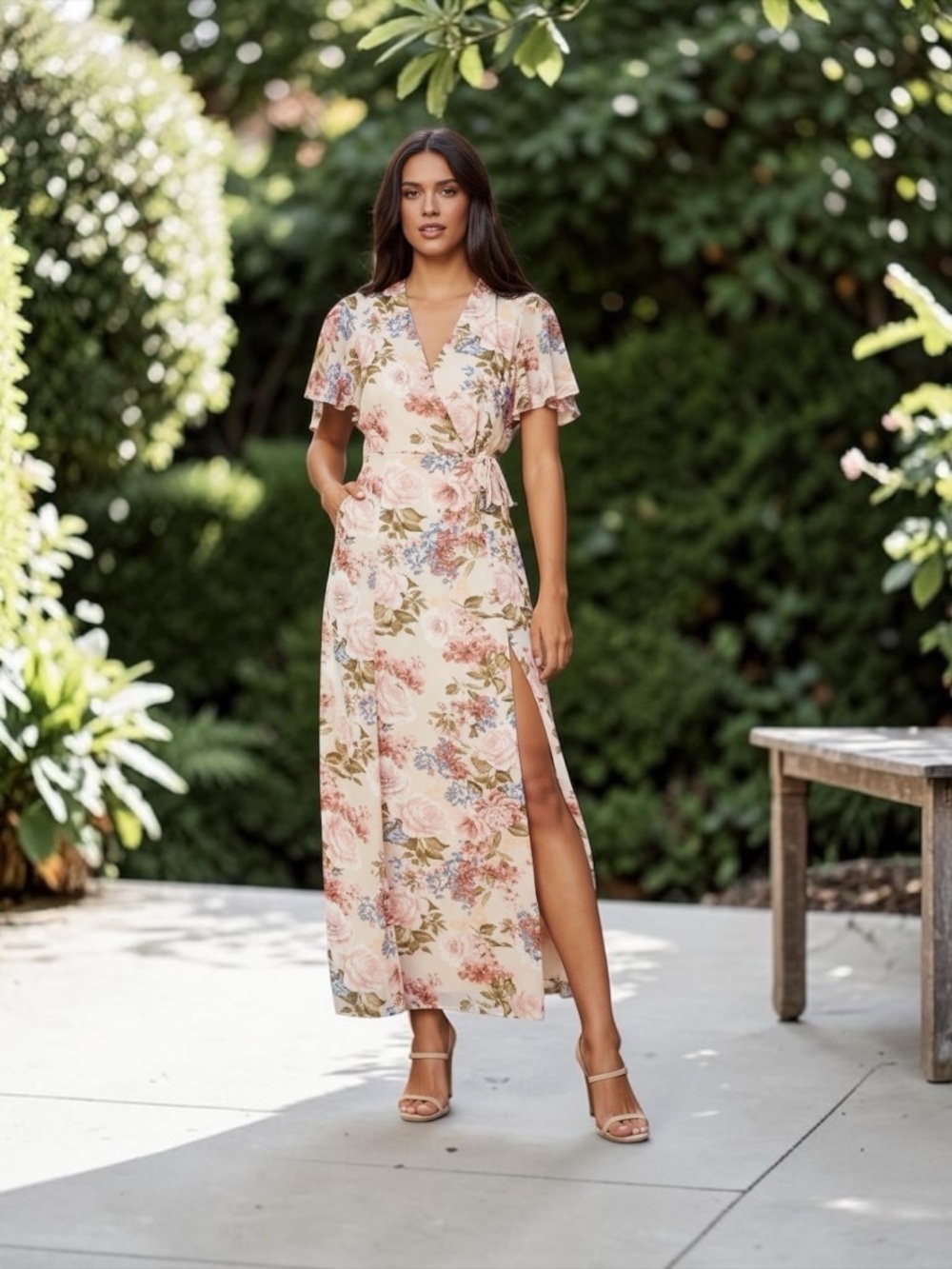 Floral Flutter Sleeve Maxi Dress | Surplice V-Neck Wedding Guest Dress
